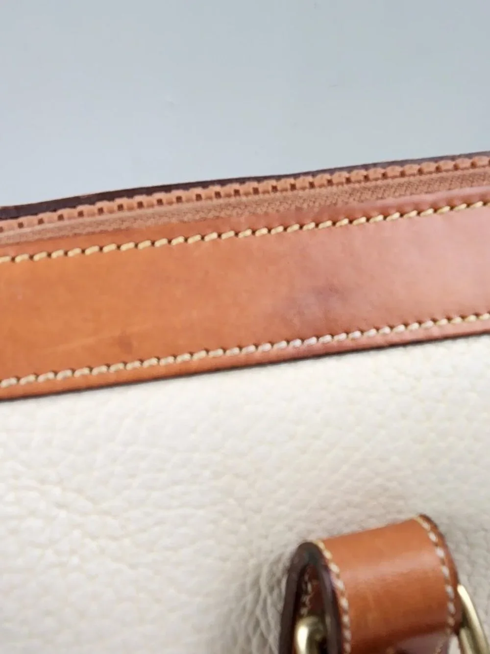 VTG Dooney & Bourke Leather Satchel Cream Pebble Body Tan Trim Brass Duck Fob US